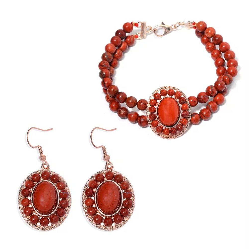 Women's Red Jasper Halo Dangle Earrings and Beaded Double Row Bracelet